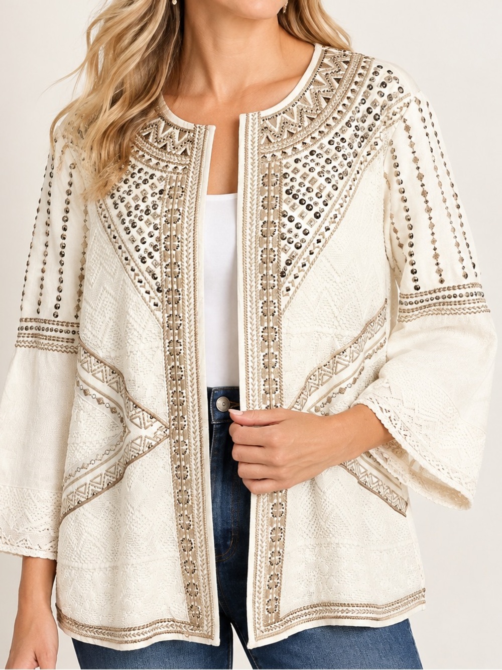 Chico’s Cream Beaded Embellished Jacket Size 4 Boho Open Front Kimono